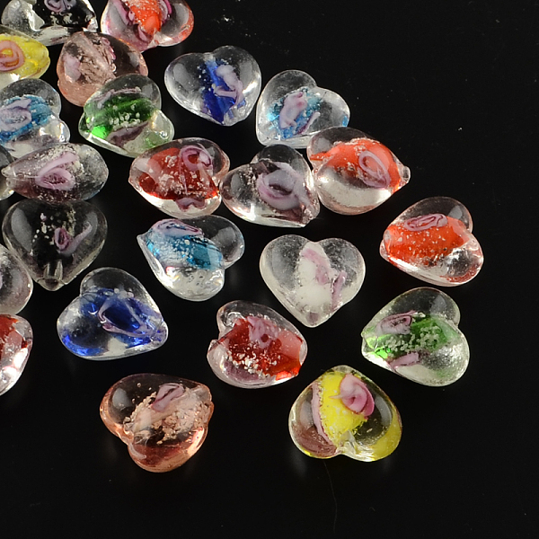 PandaHall Handmade Luminous Inner Flower Lampwork Beads, Heart, Mixed Color, 15~16x15~16x9~10mm, Hole: 1~2mm Lampwork Heart Multicolor