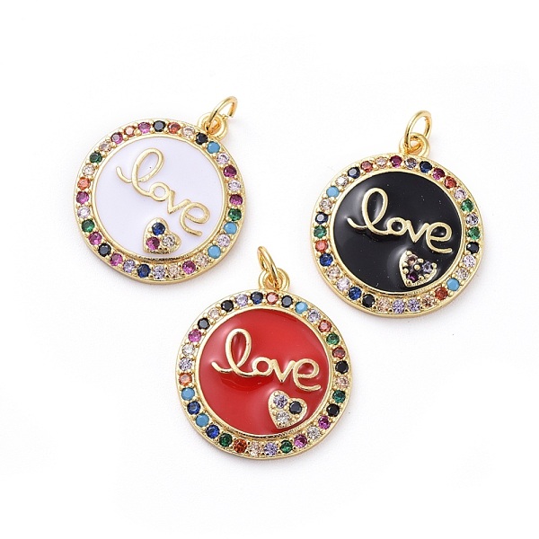 

PandaHall Brass Micro Pave Cubic Zirconia Pendants, with Enamel, Flat Round with Heart & Word Love, For Valentine's Day, Golden, Mixed Color..., Multicolor