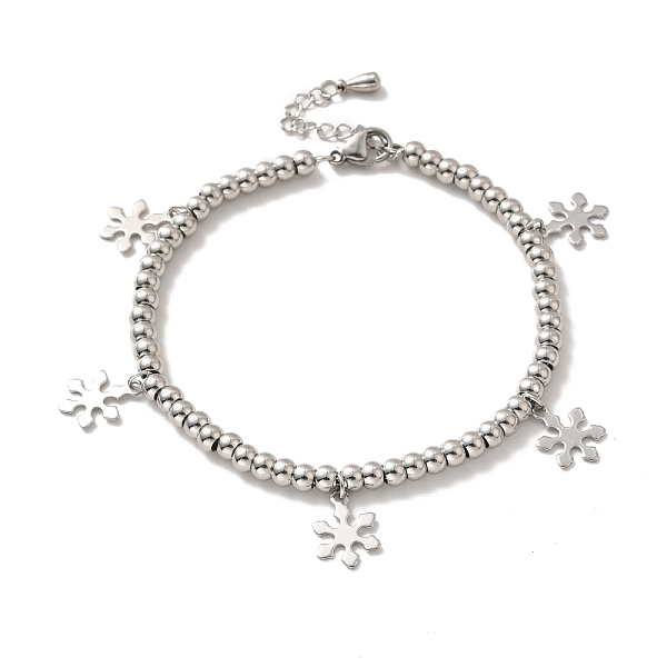 

PandaHall 304 Stainless Steel Snowflake Charm Bracelet with 201 Stainless Steel Round Beads for Women, Stainless Steel Color, 8-7/8 inch...