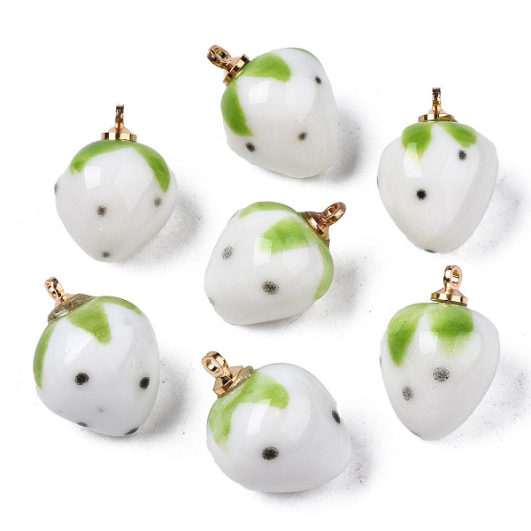 

PandaHall Handmade Porcelain Pendants, with Golden Plated Brass Findings, Famille Rose Style, 3D Strawberry, White, 18~20x13.5~15mm, Hole...