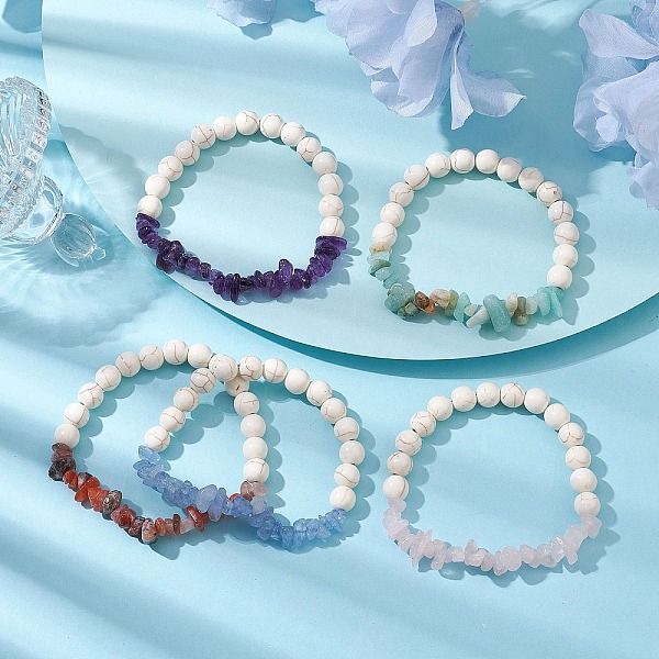 Natural Mixed Gemstone Chips & Synthetic Turquoise Beaded Stretch Bracelets