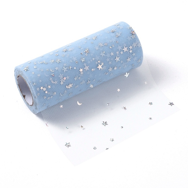 

PandaHall Glitter Sequin Deco Mesh Ribbons, Tulle Fabric, Tulle Roll Spool Fabric For Skirt Making, Moon & Star Pattern, Sky Blue, 6 inch...