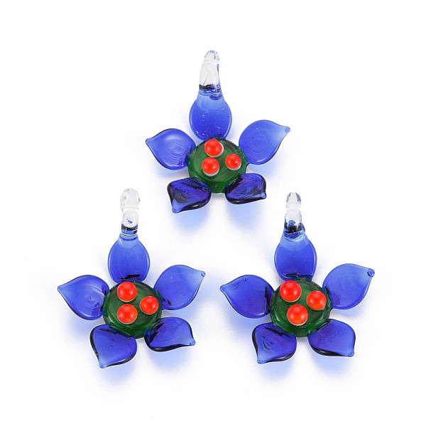 

PandaHall Handmade Lampwork Pendants, Flower, Blue, 40~42x33~35x13~15mm, Hole: 3~5mm Lampwork Flower Blue