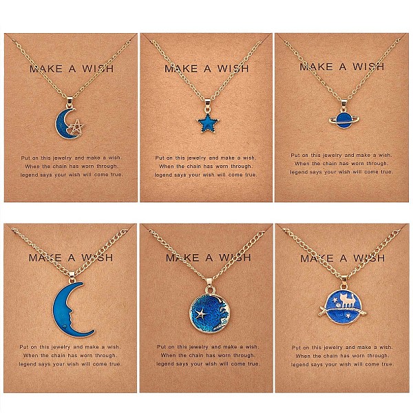 

PandaHall 6Pcs Blue Moon Pendant Necklace, Adjustable Alloy Enamel Blue Star Planet Cat Dangle Charms Necklace Gifts for Women Lovers...