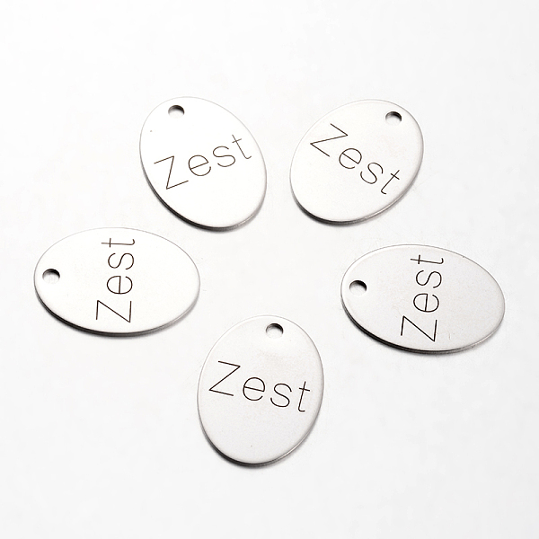 

PandaHall Spray Painted Stainless Steel Pendants, Oval with Word Zest, Stainless Steel Color, 30x22x1mm, Hole: 3mm Stainless Steel Oval