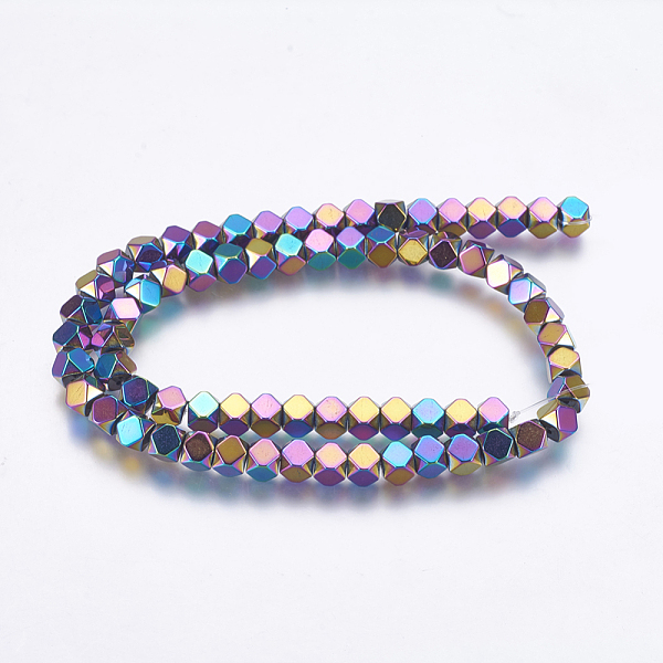 PandaHall Electroplate Non-magnetic Synthetic Hematite Bead Strands, Faceted, Square, Rainbow Plated, 6x6x6mm, Hole: 1mm, about 70pcs/strand...