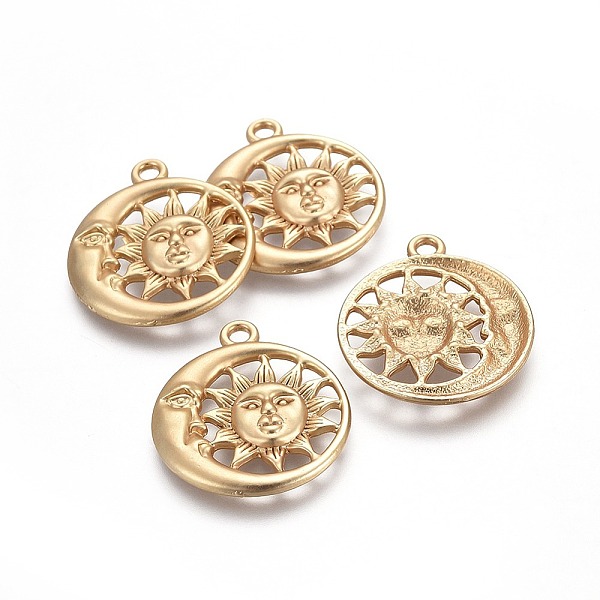 

PandaHall Alloy Pendants, Sun & Moon, Lead Free & Nickel Free & Cadmium Free, Matte Gold Color, 30x26.5x3mm, Hole: 2.5mm Alloy Sun