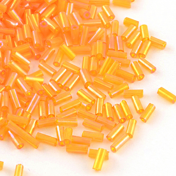 

PandaHall AB Color Plated Glass Bugle Beads, Transparent Colours Rainbow, Dark Orange, 4~4.5x2mm, Hole: 1mm, about 450g/bag, 14000pcs/bag...