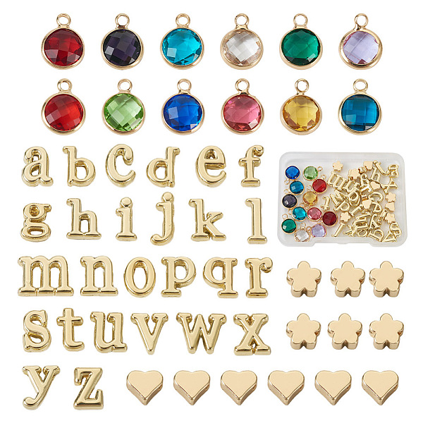 

PandaHall DIY Birthstone Jewelry Making Finding Kit, Including Flower & Heart Brass Beads, Flat Round Glass & Alloy Letter A~Z Pendants..., Multicolor