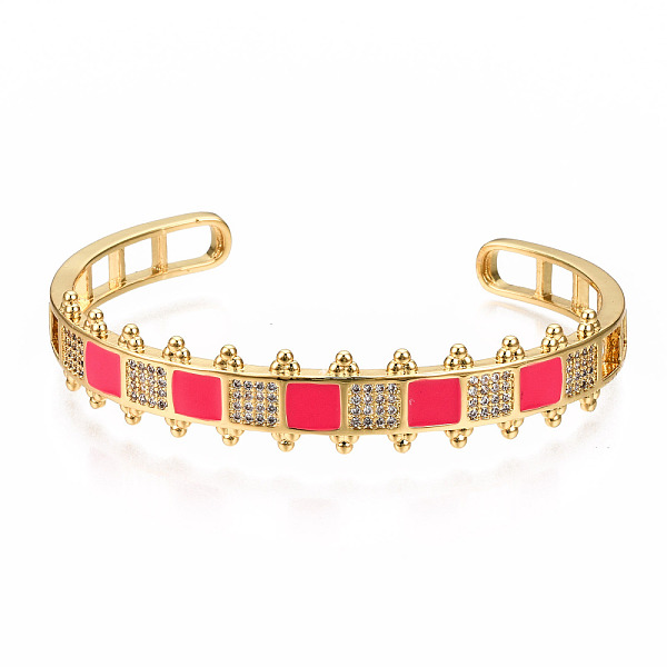 

PandaHall Brass Micro Pave Clear Cubic Zirconia Cuff Bangles, with Enamel, Nickel Free, Square, Real 16K Gold Plated, Camellia, Inner..., Pink