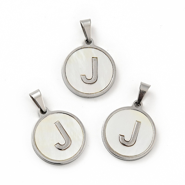 

PandaHall 304 Stainless Steel with White Shell Pendants, Stainless Steel Color, Flat Round with Letter Charm, Letter.J, 18x16x1.5mm, Hole...