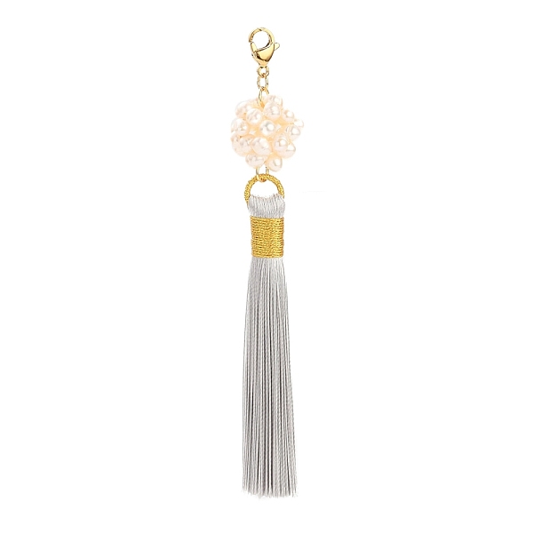 

PandaHall Polyester Tassel Big Pendants, with Natural Pearl Woven Beads and Golden Plated 304 Stainless Steel Lobster Claw Clasps, Dark Gray...