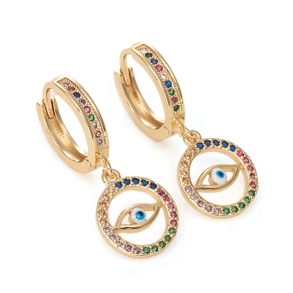 

PandaHall Brass Micro Pave Cubic Zirconia Huggie Hoop Earrings, with Enamel, Long-Lasting Plated, Flat Round with Evil Eye, Colorful, Golden...