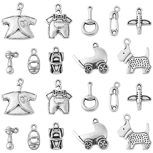 PandaHall 100Pcs 10 Styles Tibetan Style Alloy Charms, Antique Silver, Baby Style Charms, Clothes/Dog/Shoes/Baby Carriage Charms, Antique...