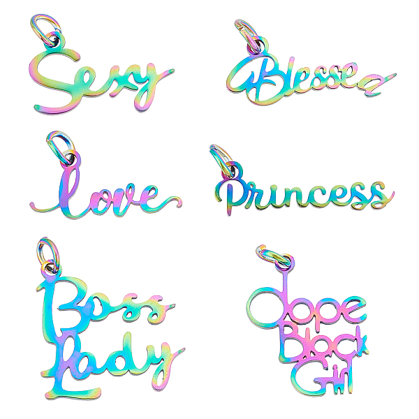 

PandaHall Unicraftale Word Theme 201 Stainless Steel Pendants, with Jump Rings, Word, Rainbow Color, 7~20x16~23x1mm, Hole: 3mm, 12pcs/box...