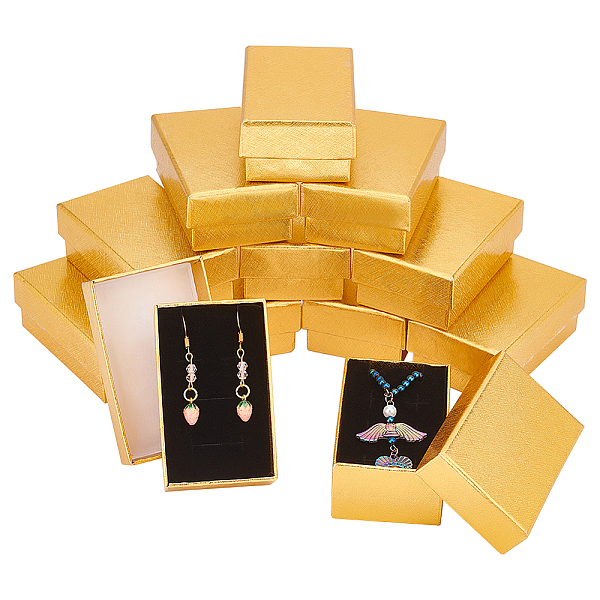 

PandaHall Rectangle Cardboard Paper Jewelry Set Boxes, Jewelry Case with Sponge Inside for Necklace Rings Earrings Storage, Goldenrod..., Gold