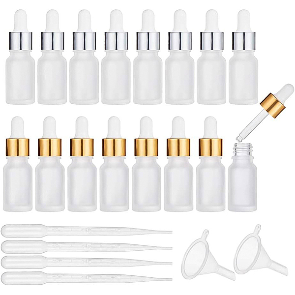 

PandaHall BENECREAT 16 Pack 10ml Frosted Glass Bottle with Glass Eye Dropper, 2 Plastic Funnels and 4 Plastic Droppers for Essential Oils..., Multicolor