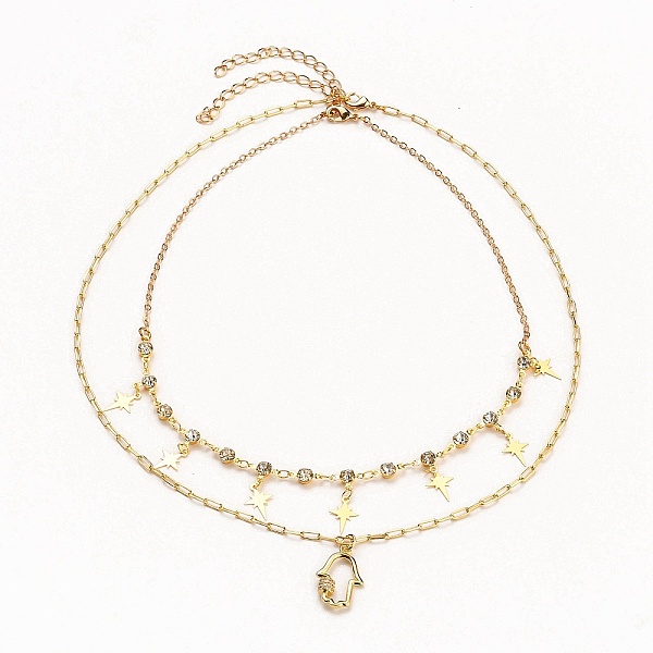 

PandaHall Star & Hamsa Hand Pendant Necklaces Sets, with Brass Paperclip Chains & Brass Micro Pave Clear Cubic Zirconia Charms, Golden...