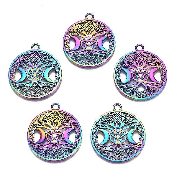 

PandaHall Rainbow Color Alloy Pendants, Cadmium Free & Nickel Free & Lead Free, Flat Round with Moon & Star, 38.5x34x2.5mm, Hole: 3mm...