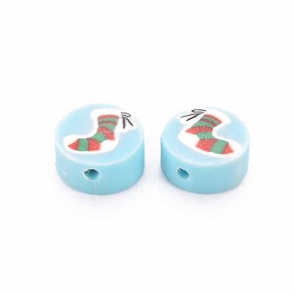 

PandaHall Handmade Polymer Clay Beads, Flat Round with Christmas Stocking, Light Sky Blue, 10x4mm, Hole: 1.6mm Polymer Clay Flat Round