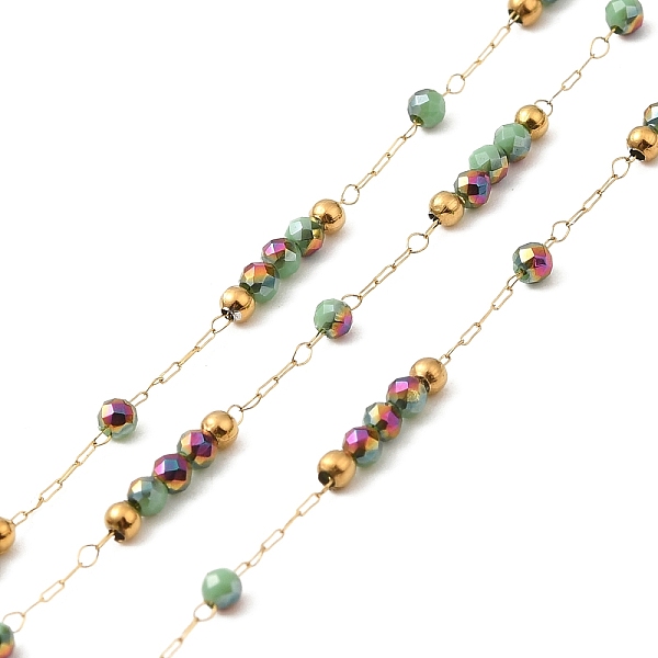 

PandaHall Brass Handmade Beaded Chains, with Glass Beads, with Spool, Unwelded, Real 18K Gold Plated, Dark Sea Green, 9~9.5x2x2mm, about...