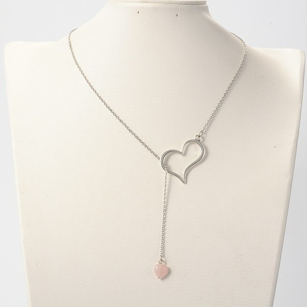 

PandaHall Trendy Alloy Heart Lariat Necklaces, with Rose Quartz Beads, Stainless Steel Cable Chains and Brass Lobster Claw Clasps, Platinum...