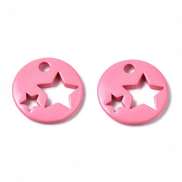 

PandaHall Spray Painted Brass Charms, Flat Round with Star, Hot Pink, 14.5x14.5x2.5mm, Hole: 2mm Brass Flat Round