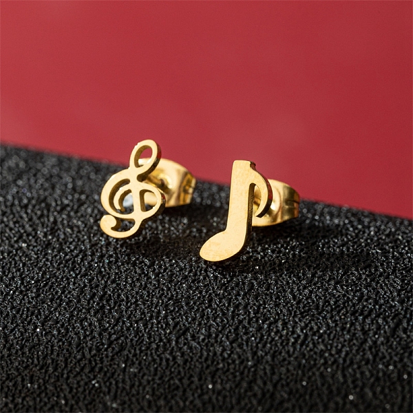 

PandaHall Stainless Steel Stud Earrings, Musical Note Asymmetrical Earrings, Golden, 11x4mm Stainless Steel Musical Note
