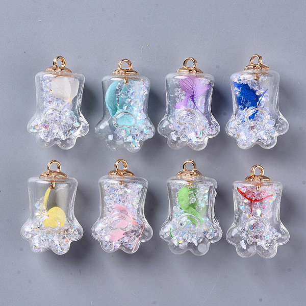 

PandaHall Bear Paw Transparent Glass Pendants, with Dried Flower & Resin Rhinestones inside, Plastic CCB Cup Pearl Peg Bails Pin Pendants..., Multicolor