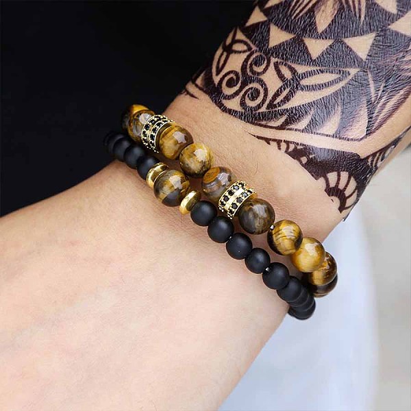 

PandaHall Fashion Retro Black Matte Bracelet Set with Zircon Crown, Diamond Ball, Dice, Lion Head Bracelet Natural Gemstone Round Black