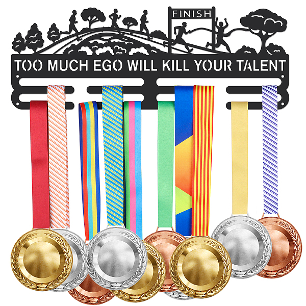 

PandaHall Fashion Iron Medal Hanger Holder Display Wall Rack, 3 Line, with Screws, Sports Theme, Word Too Much Ego will Kill Your Talent..., Black