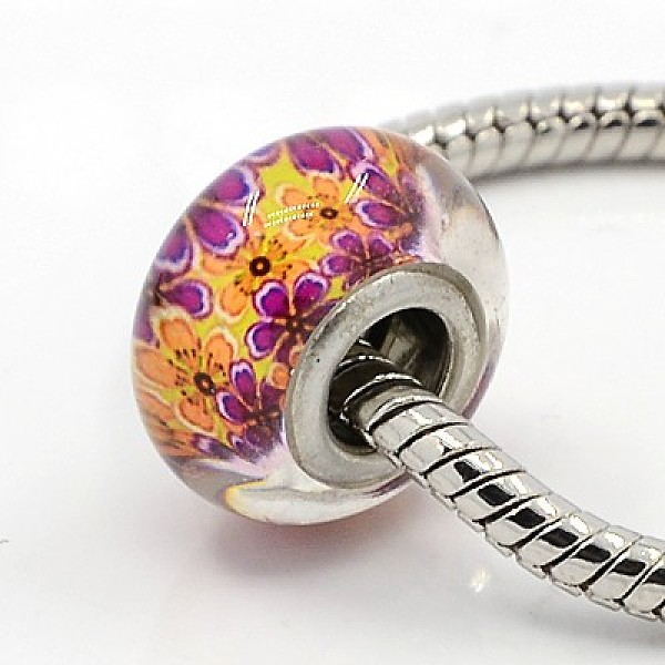 

PandaHall Glue Glass European Beads, Large Hole Beads, with Brass Double Cores, Rondelle, Platinum, Medium Violet Red, 14~15x8mm, Hole: 5mm...