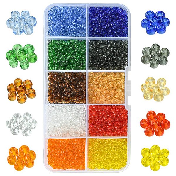 

PandaHall 100G 10 Colors 8/0 Glass Seed Beads, Transparent, Round, Mixed Color, 3mm, Hole: 1mm, 10g/color Glass Multicolor