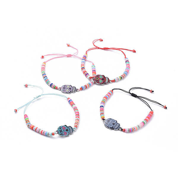 

PandaHall Adjustable Nylon Thread Braided Bead Bracelets, with Sugar Skull Alloy Enamel Links, Glass Beads, Polymer Clay Heishi Beads and..., Multicolor