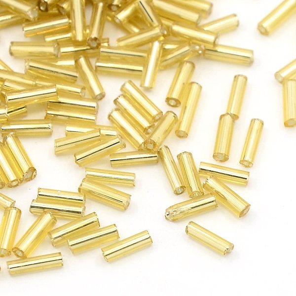 

PandaHall Glass Bugle Beads, Silver Lined, Light Khaki, 6~8x1.8mm, Hole: 0.6mm, 10000pcs/pound Glass