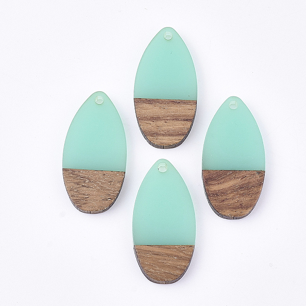 PandaHall Resin & Walnut Wood Pendants, teardrop, Turquoise, 31x16x3.5~4mm, Hole: 1.5mm Resin+Wood Teardrop Green