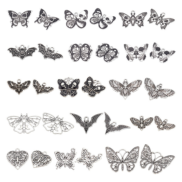 

PandaHall ARRICRAFT 45pcs 15 styles Halloween Alloy Enamel & Tibetan Style Pendants, Butterfly with Skull & Moth & Bat Charm, Antique Silver..., Black