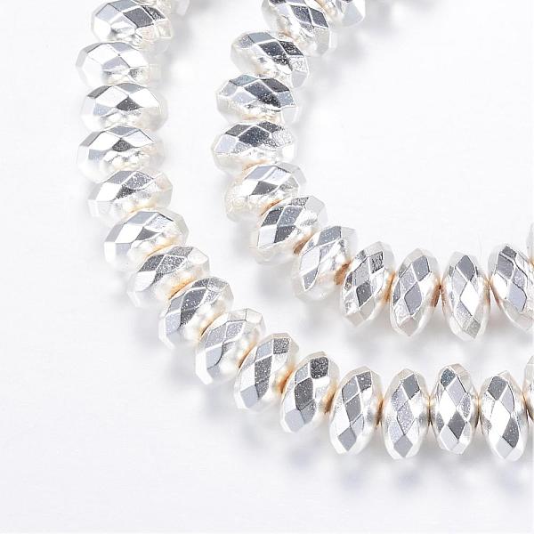 

PandaHall Electroplate Non-magnetic Synthetic Hematite Bead Strands, Rondelle, Faceted, Silver Plated, 7.5~8x4mm, Hole: 1~1.5mm, about...