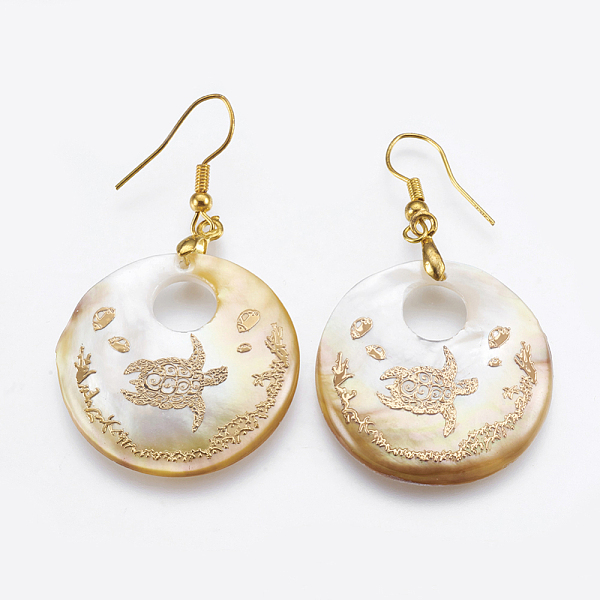 

PandaHall Black Shell Dangle Earrings, with Brass Findings, Flat Round with Turtle, Golden, 52.5~53mm, Pin: 0.7mm Shell Gold
