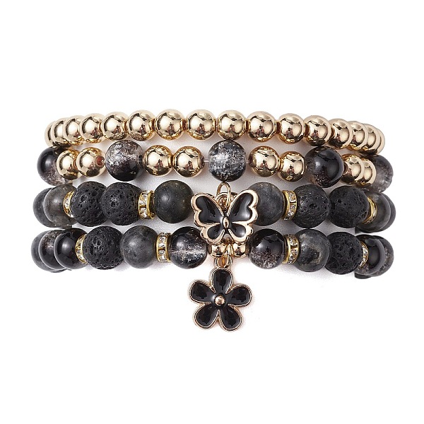 

PandaHall 4Pcs 4 Style Natural Larvikite & Lava Rock & Synthetic Hematite Round Beaded Stretch Bracelets Set, Glass & Alloy Stackable...