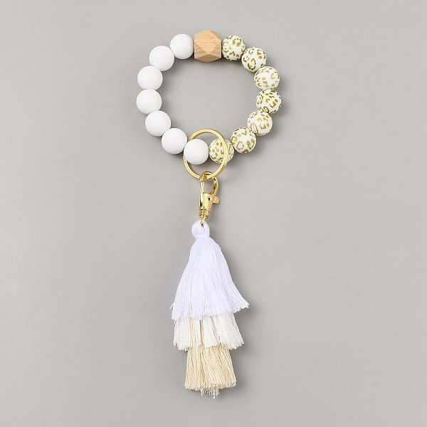 

PandaHall Silicone Round Beaded Keychain Wristlet, with Alloy Keychain Clasps Finding and Tassel, White, 21~22.5cm Silicone White