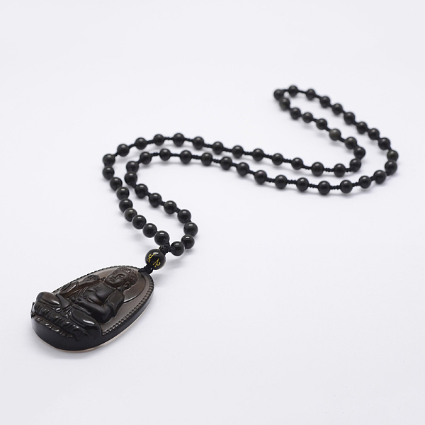 

PandaHall Natural Golden Sheen Obsidian Beaded Pendant Necklaces, with Natural Obsidian Pendants, Buddha, 23.62 inch(60cm) Obsidian