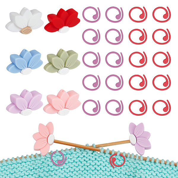 6Pcs 6 Colors Lotus Silicone Beads Knitting Needle Protectors/Knitting Needle Stoppers, with 20Pcs Alloy Kinitting Stitch Markers, for Knitting Tools, Mixed Color, 14.5-18.5x14.5-29.5x1-8mm, Hole: 2.2mm