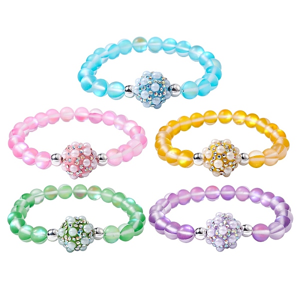 

PandaHall Frosted Round Synthetic Moonstone Beaded Bracelets, with Polymer Clay Rhinestone Beads, for Women, Mixed Color, 3/8~3/4 inch inch..., Multicolor