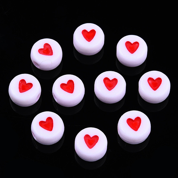 

PandaHall Opaque Acrylic Beads, with Enamel, Flat Round with Heart, Red, 7x3.5mm, Hole: 1.2mm, about 3600~3700pcs/500g Acrylic Flat Round...