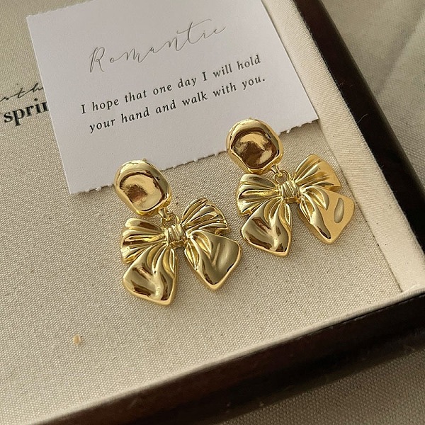 

PandaHall Retro Bowknot Brass Stud Dangle Earrings for Womenes, Golden Brass