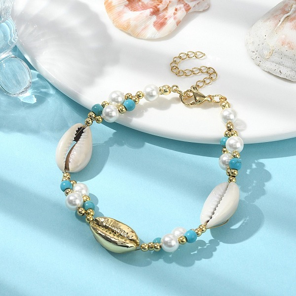 Natural Shell & Shell Pearl & Synthetic Turquoise Beaded Bracelet