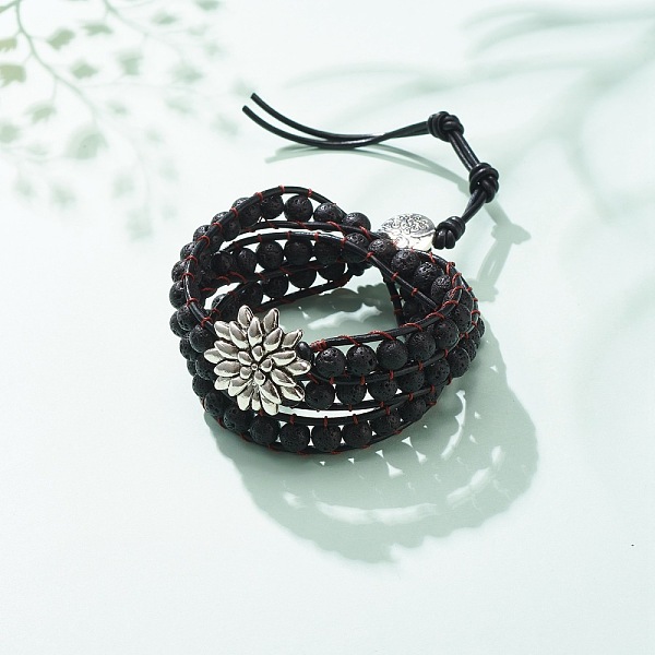

PandaHall Natural Lava Rock Triple Layered Wrap Bracelet with Alloy Lotus, Essential Oil Gemstone Braided Bracelet for Women, 23 inch...