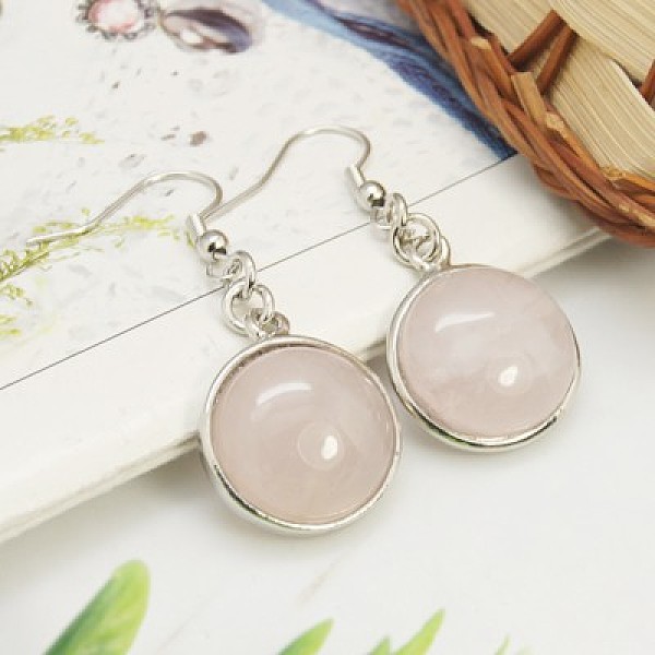 

PandaHall Fashion Natural Rose Quartz Earrings, with Brass Earring Hooks, Half Round/Dome, 44~45x18~19mm, Pin: 0.6mm Rose Quartz Pink