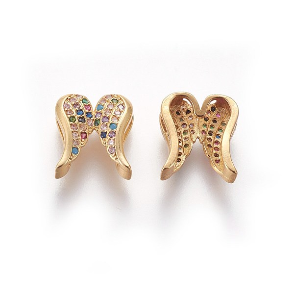 

PandaHall Brass Micro Pave Cubic Zirconia Slide Charms, Wing, Colorful, Golden, 13.5x12x5.5mm, Hole: 2x10.5mm Brass+Cubic Zirconia Wing